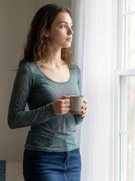 Maurices Tops - Maurices Women's Brown & Teal Sheer Damask Long Sleeve Pullover Top
